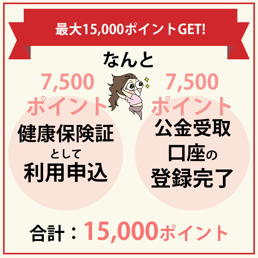 健康保険証と公金受取口座登録で更に最大15,000ポイント